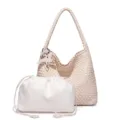Beige woven hobo shoulder bag with trendy star charm and matching pouch for women daily use - 37x11.5x27cm / Beige