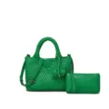 Green woven leather handbag set with shoulder strap and matching pouch for women spring fashion style - Green