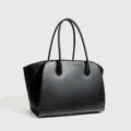 Bolso tote minimalista de cuero negro, gran bolso de mano elegante para trabajo diario. - S / Negro