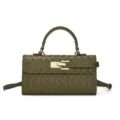 Olijfgroene geweven leren handtas detail, met intrecciato textuur en goudkleurige metalen hardware. - 24*7*13cm / Olijfgroen