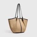 Bolso Tote De Paja Tejida Mujer Verano Playa Bolso Cubo Con Ribete De Cuero - Negro