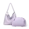 Light purple woven shoulder bag with pouch set, trendy Korean style large capacity handbag for women. - 37x11.5x27cm / Purple