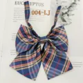 Blue plaid JK uniform bow tie detail, preppy style student ribbon collar accessory with double layer. - 004-LJ