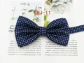 Detail view of a classic blue men's polka dot bow tie, showing fine fabric texture and neat dots. - SNJ-11