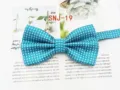 Detailed close-up view of a stylish turquoise bow tie featuring a classic white polka dots pattern. - SNJ-19
