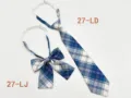Detailed view of the Japanese style blue plaid tie and bow set with adjustable strap. - No. 27