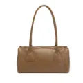 Classic brown glossy leather shoulder bag, vintage style underarm handbag with chic strap design. - Khaki