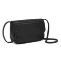 Bolso cruzado negro de cuero trenzado para mujer, bolso de mano pequeño clásico con solapa. - Negro