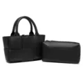 Bolso de mano de cuero tejido negro con bolso grande y pequena bolsa para diario - Negro