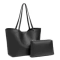 Bolso Tote de Cuero PU Negro Conjunto con Bolsito a Juego Bolso de Hombro de Moda - Negro