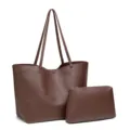 Bolso tote de cuero PU marron con cartera a juego bolso de hombro grande para mujer diario - Café