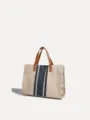 Bolso tote grande de lona para mujer con rayas de colores y asas de cuero elegantes. - Estilo con Cremallera / Azul y Blanco