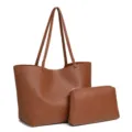 Bolso tote de cuero PU suave marron con cartera a juego, bolso de hombro grande. - Marrón
