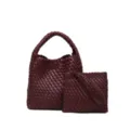 Burgundy woven leather tote bag set, elegant handmade luxury handbag and matching clutch purse. - Wine Red 8060