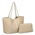 Bolso tote beige de cuero PU suave con neceser a juego, gran bolso de hombro para mujer. - Albaricoque