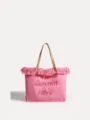 Bolso tote de lona rosa con flecos y bordado de verano ideal para la playa y compras - Rosa