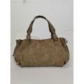 Khaki faux suede Boston handbag, classic top handle tote bag with metal buckle details. - Pine Green