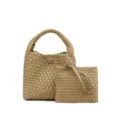 Khaki woven leather handbag set with matching pouch, stylish braided tote bag for women. - 8060# Sand