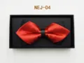 Close-up of red and black layered bow tie with leather ring in elegant gift box packaging. - Red and Black Color Block (NEJ-04)