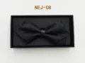 Detail shot of black bow tie with leather ring in black gift box close up elegant - Black Twill (NEJ-08)