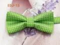 Green polka dot bow tie detail close-up, premium woven polyester children pet accessory. - EDJ-15 Green with White Dots