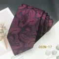Detail view of burgundy men's tie with elegant paisley jacquard pattern, fine texture. - C02N-17