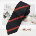 Detailed view of retro men's business necktie featuring classic diagonal red and black stripes. - HFL-02