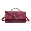 Burgundy woven leather baguette shoulder bag with top handle and gold knot hardware detail. - 31x4x15cm / Burgundy