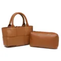 Bolso tote trenzado de cuero marrón con estuche, elegante bolso de hombro retro para mujer. - Marrón
