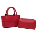 Bolso tote de cuero tejido rojo con bolsito a juego, bolso de mano elegante para mujer. - Rojo
