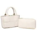 Mujer Bolso de Mano Tejido de Cuero PU Tote Moda Casual Bolso Bandolera Hombro Set - Blanco