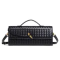 Black woven leather shoulder bag with top handle and metal knot closure, stylish variant. - 1893# Black