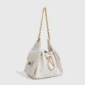 Elegant white quilted leather shoulder bag with gold chain, classic bucket underarm design. - White Square Buckle