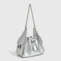 Silver metallic quilted bucket shoulder bag with chain strap and stylish front pocket design. - Silver Square Clasp
