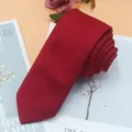 Classic red slim necktie detail view, premium textured fabric for formal business wear. - Wine Red Fine Stripe