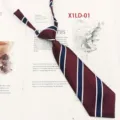 Detailed view of pre-tied school style striped necktie in maroon with blue and white stripes. - Blue White Striped Style (X1LD-01) / Burgundy