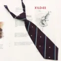 School style women's JK short necktie with burgundy jacquard stripes and white star embroidery. - Star Embroidery Striped Style (X1LD-03) / Burgundy