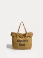Moderna bolsa tote de lona con flecos y bordado Summer Vibes elegante para ir a la playa. - Caqui