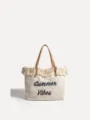 Bolso tote grande de lona con letras bordadas, elegante bolso de hombro y playa. - Blanco