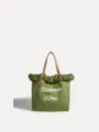 Bolso tote de lona verde para mujer, gran bolso de hombro con letras bordadas y flecos. - Verde