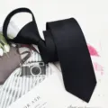 Men's black zipper necktie 5cm ultra narrow solid color satin formal wear main view - Black