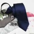 Men's dark blue zipper tie 5cm narrow satin tie ready-to-wear formal business necktie. - Navy Blue