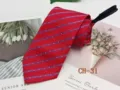 Detail view of red zipper necktie with purple striped pattern and convenient zipper design. - CH-31