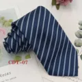 Detailed close up view of classic navy blue striped men business jacquard tie fabric. - CDT-07