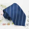 Detailed close-up of a classic blue business necktie featuring elegant white and light blue stripes. - CDT-23