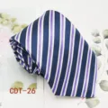 Closeup of striped men's necktie in navy blue, white, and purple, elegant design for business wear. - CDT-26