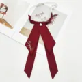Wine red JK bow tie for women, Korean college style ribbon collar with elegant embroidery. - Burgundy