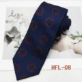 Detail view of retro geometric print men necktie, classic navy blue business suit accessory. - HFL-08