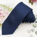 Dark blue textured slim necktie for men business casual formal wear accessory detailed shot view - Navy Blue Wide Stripe