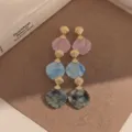 Vintage colorful acetate drop earrings with elegant gold shell studs for women daily wear. - Blue 17